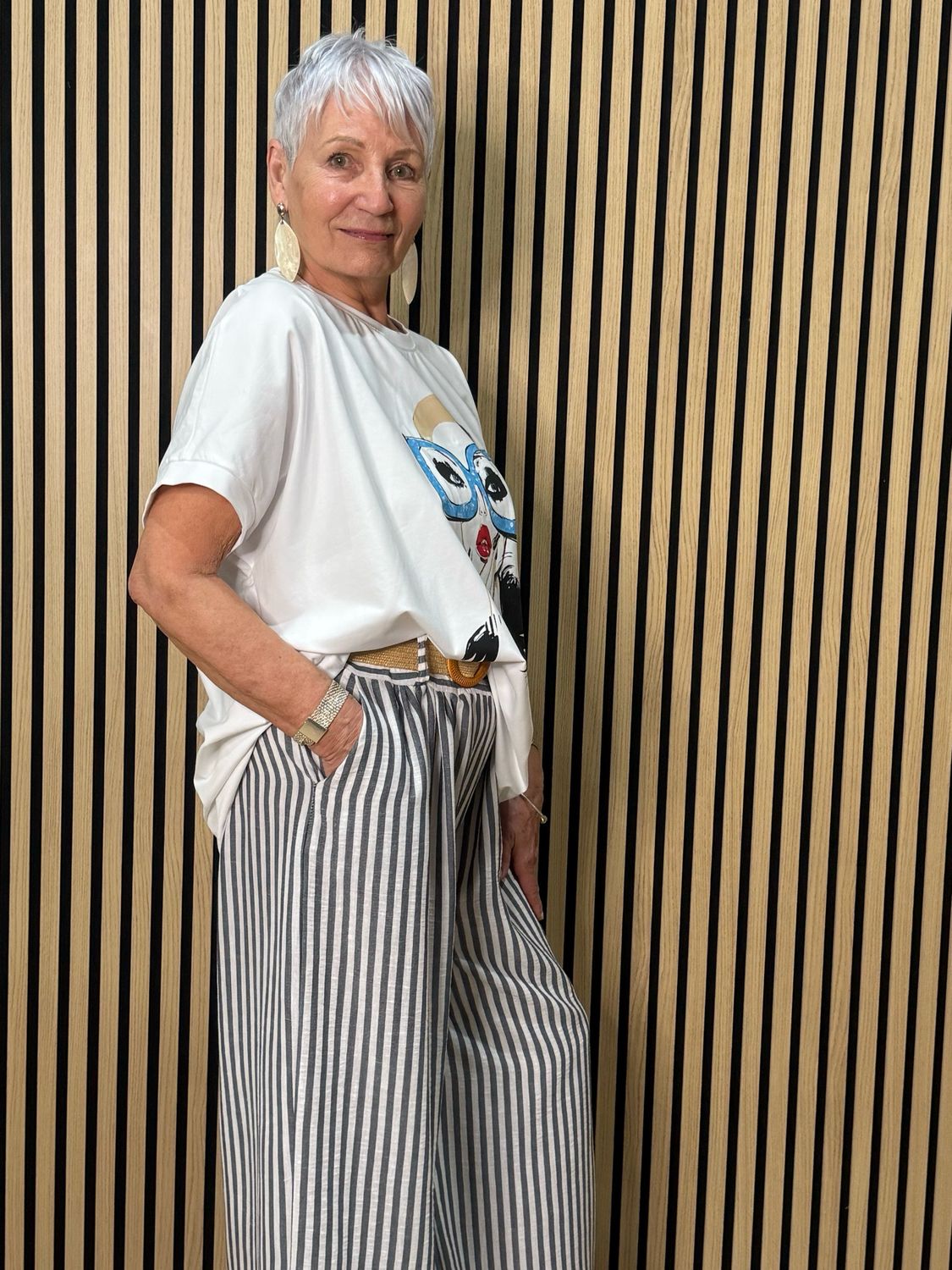 Striped Wide Leg Trousers - Grey/White