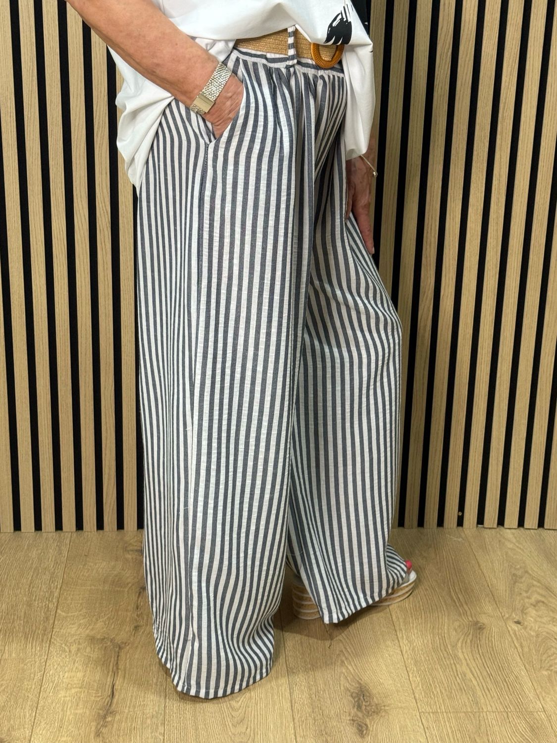 Striped Wide Leg Trousers - Grey/White