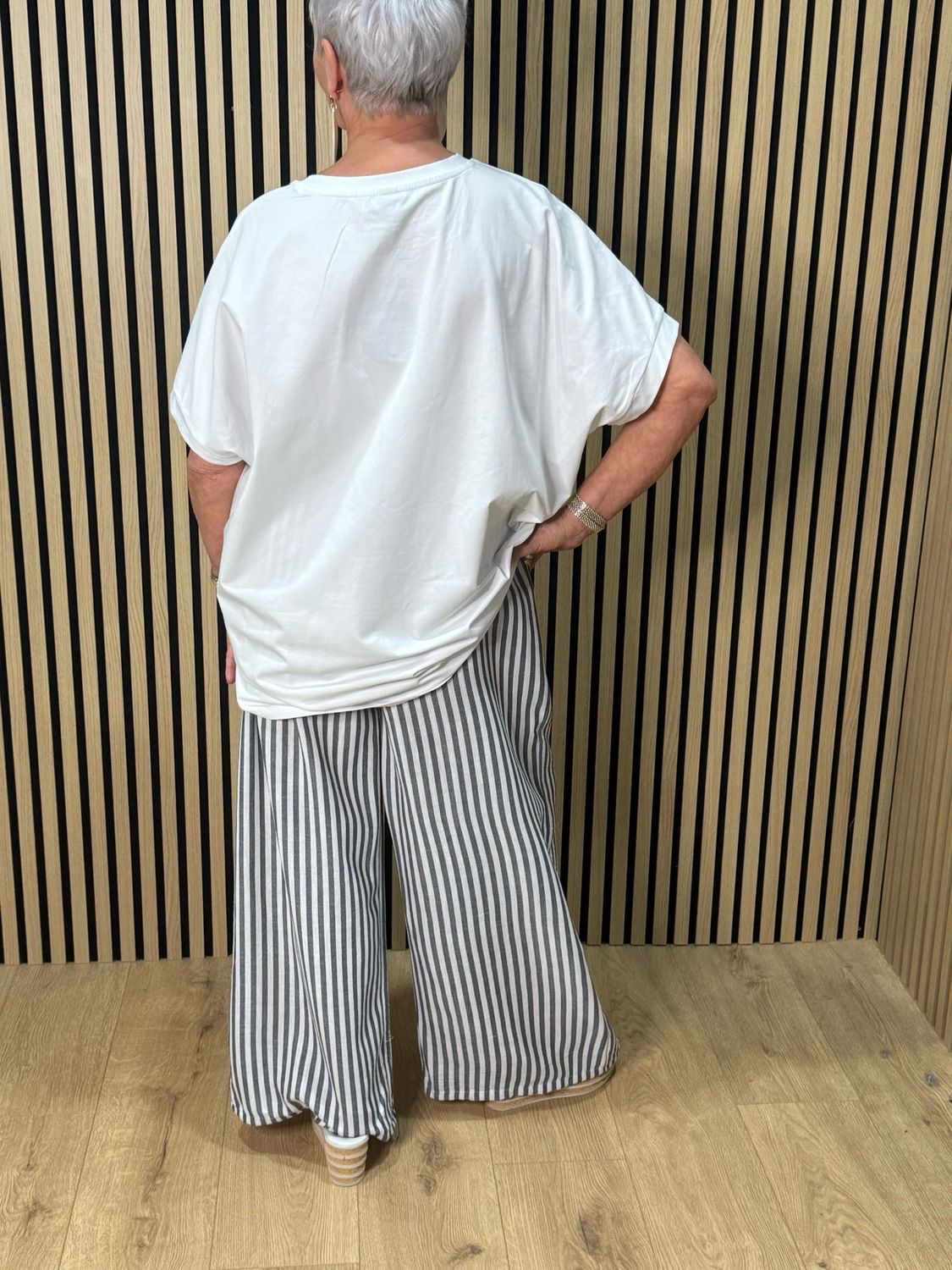 Striped Wide Leg Trousers - Grey/White