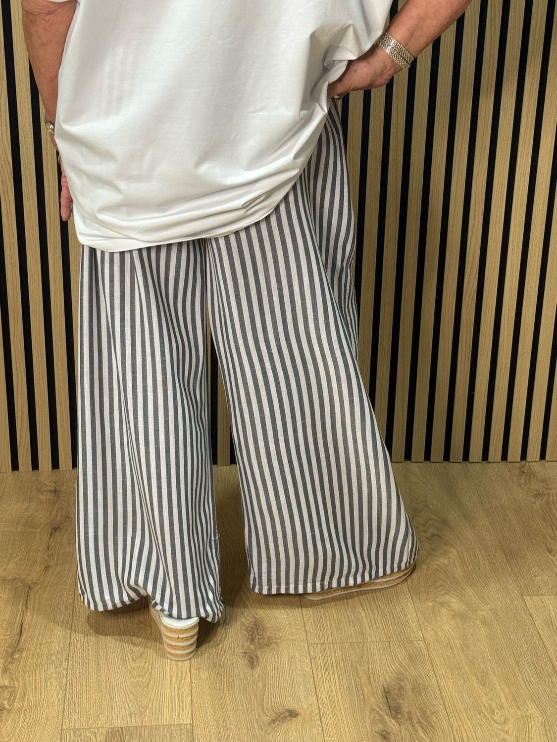 Striped Wide Leg Trousers - Grey/White