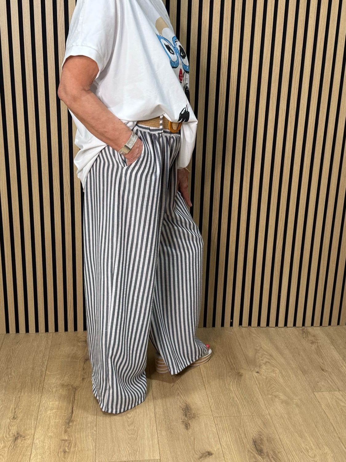 Striped Wide Leg Trousers - Grey/White