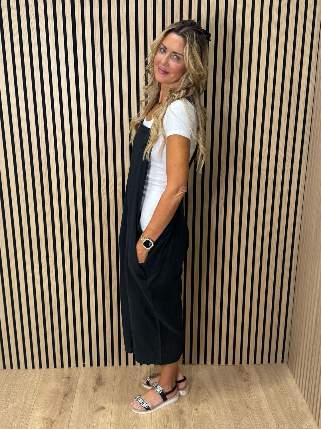 Relaxed Linen Blend Dungarees - Black