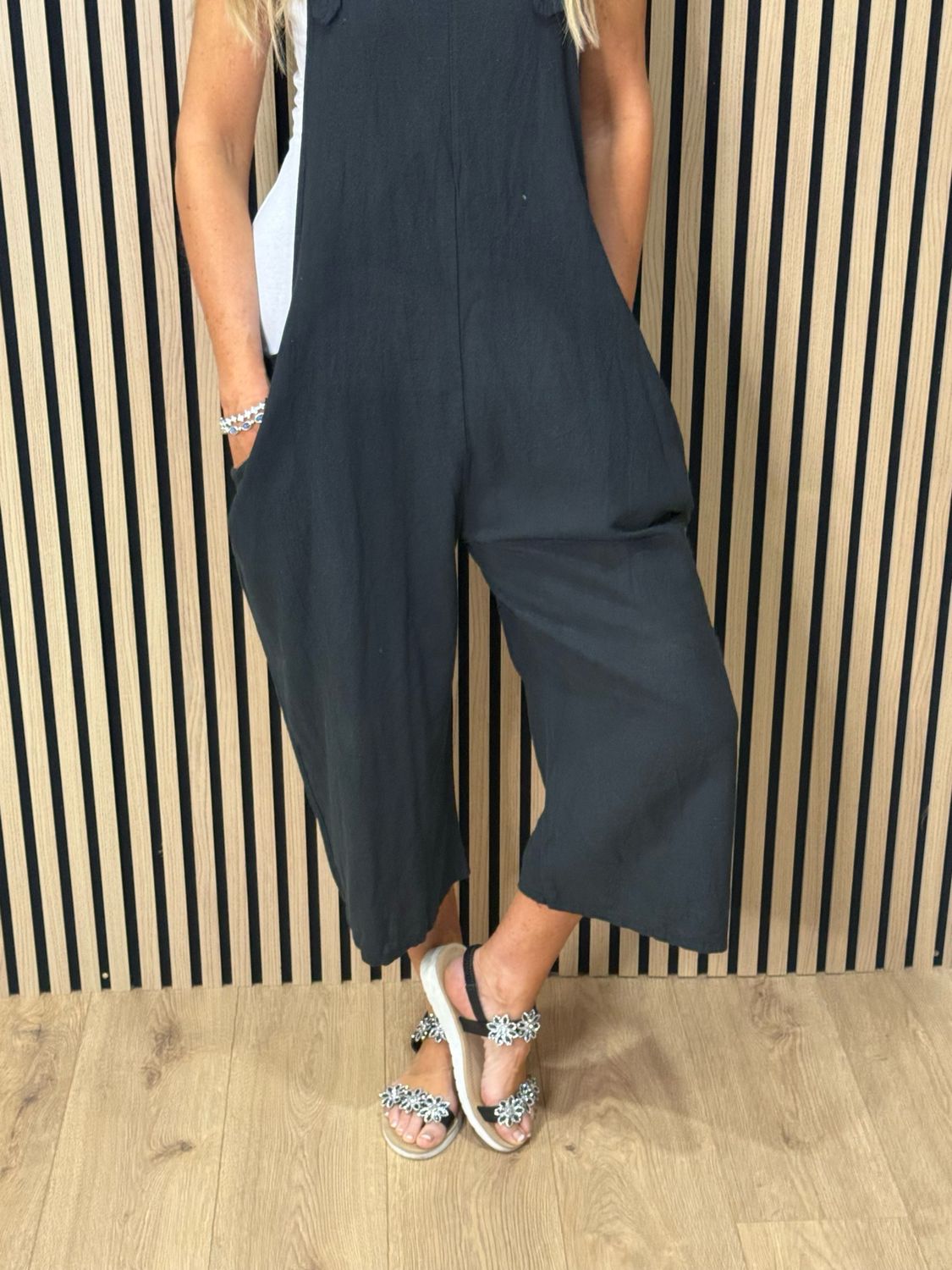 Relaxed Linen Blend Dungarees - Black