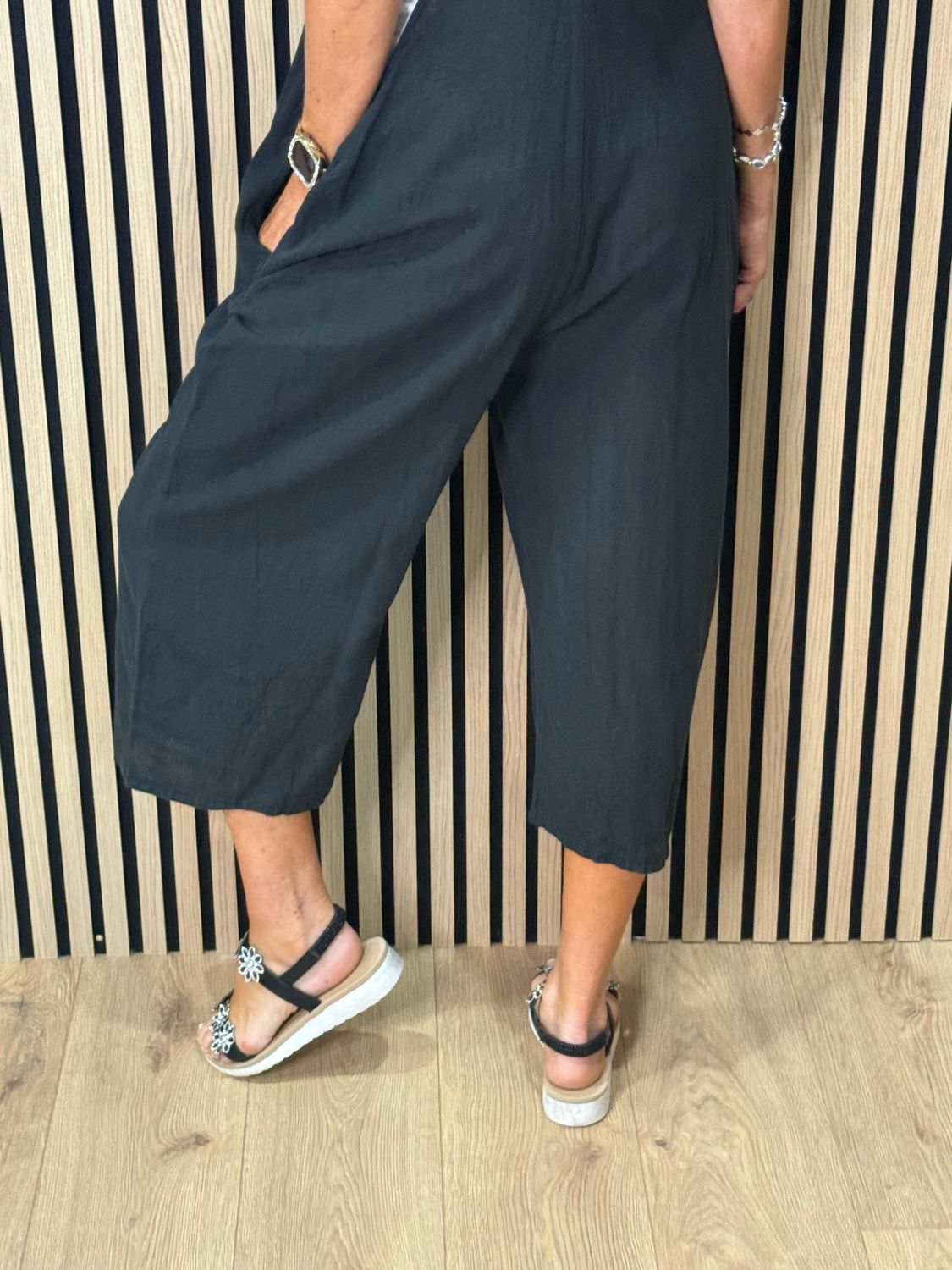 Relaxed Linen Blend Dungarees - Black