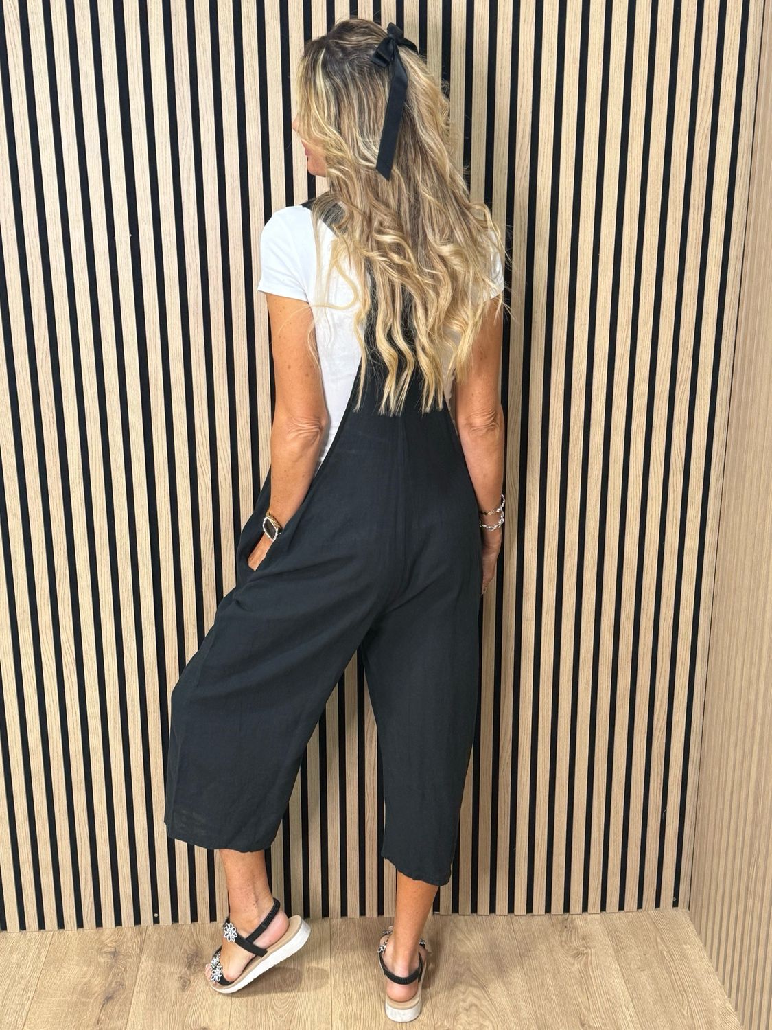 Relaxed Linen Blend Dungarees - Black