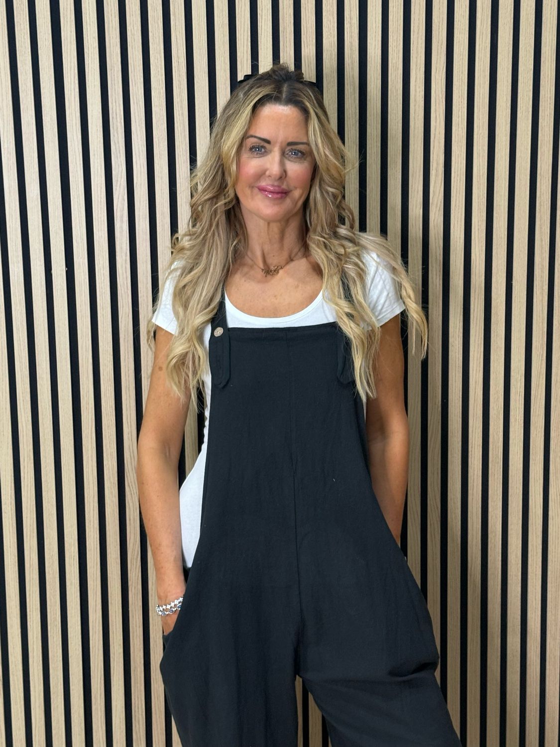 Relaxed Linen Blend Dungarees - Black