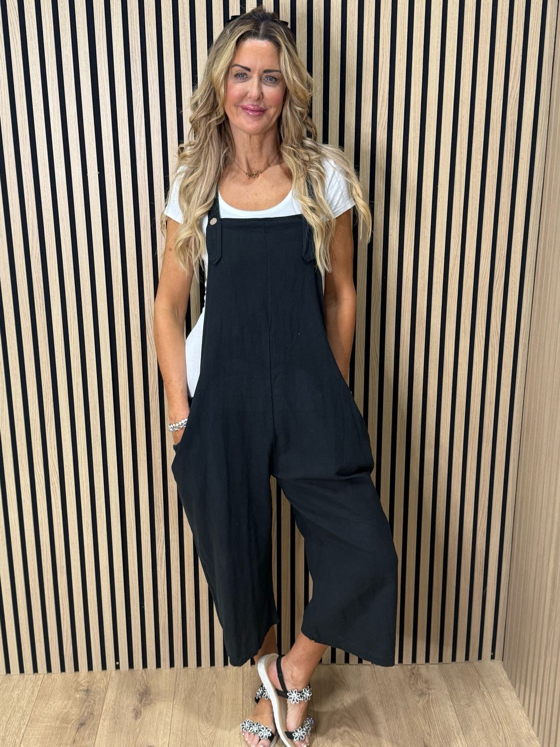 Relaxed Linen Blend Dungarees - Black