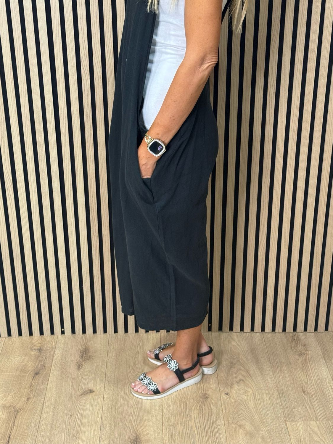 Relaxed Linen Blend Dungarees - Black