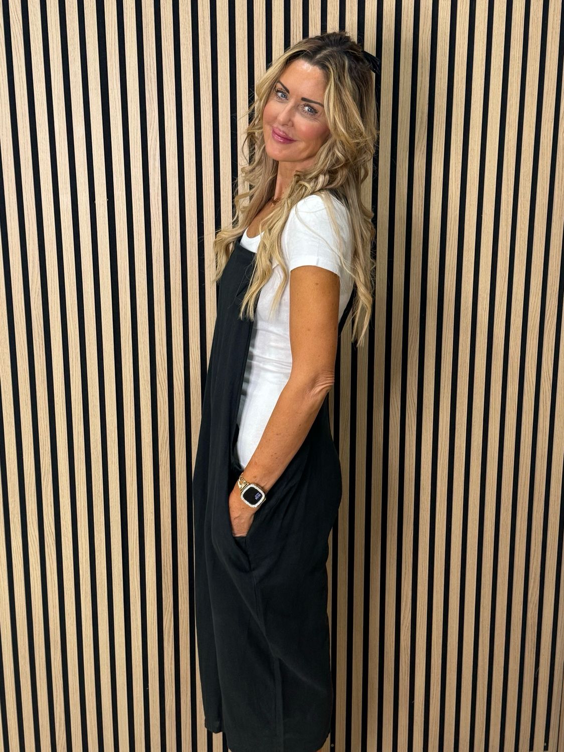 Relaxed Linen Blend Dungarees - Black