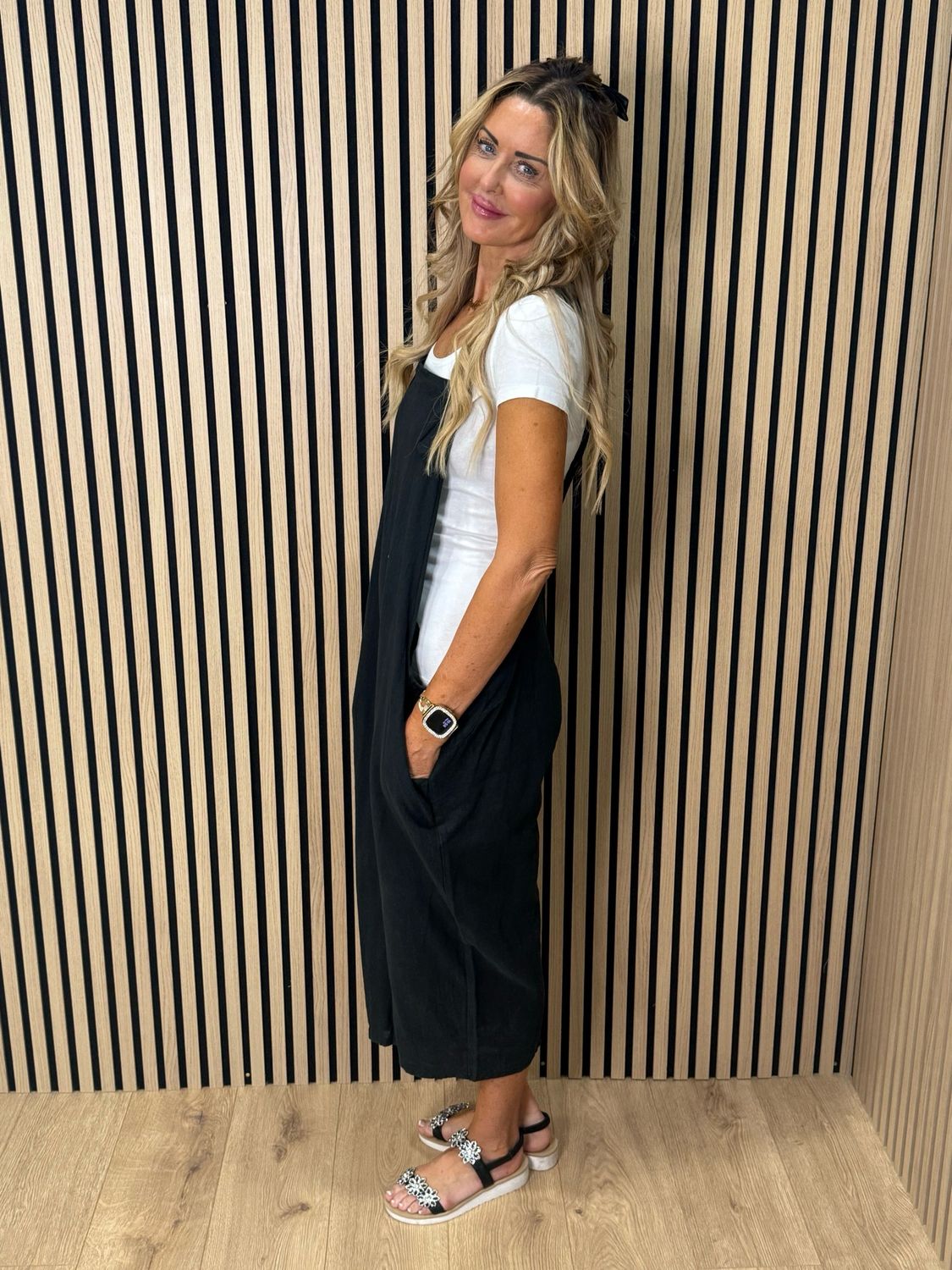 Relaxed Linen Blend Dungarees - Black
