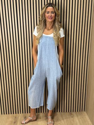 Relaxed Linen Blend Dungarees - L Denim