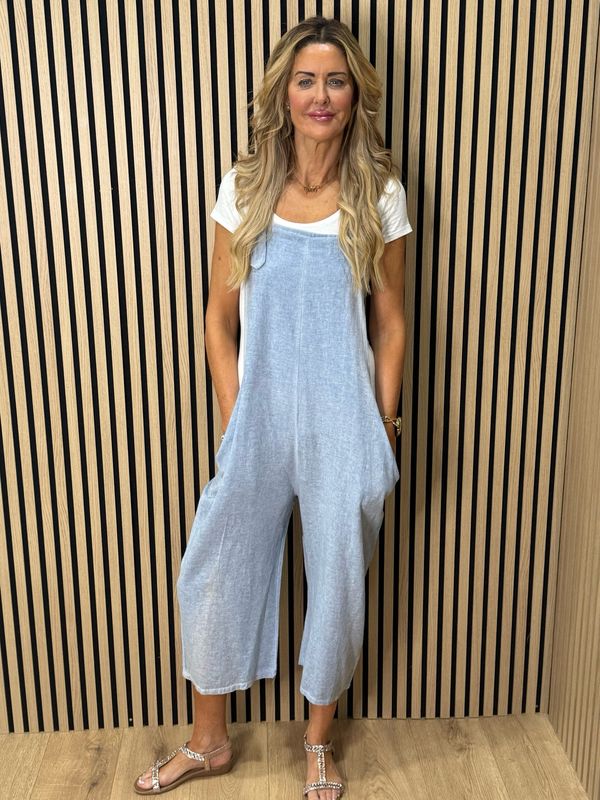 Relaxed Linen Blend Dungarees - L Denim