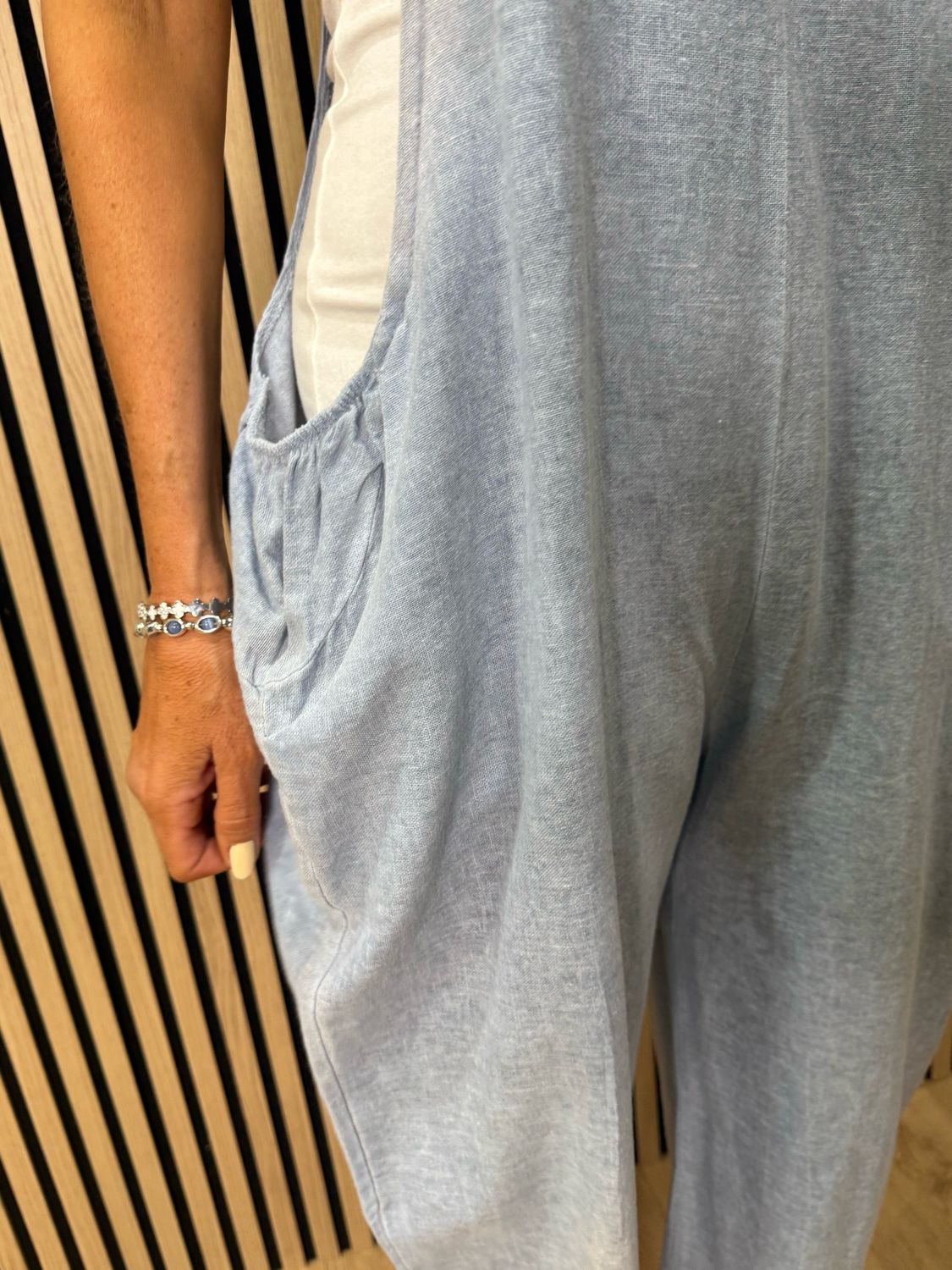 Relaxed Linen Blend Dungarees - L Denim