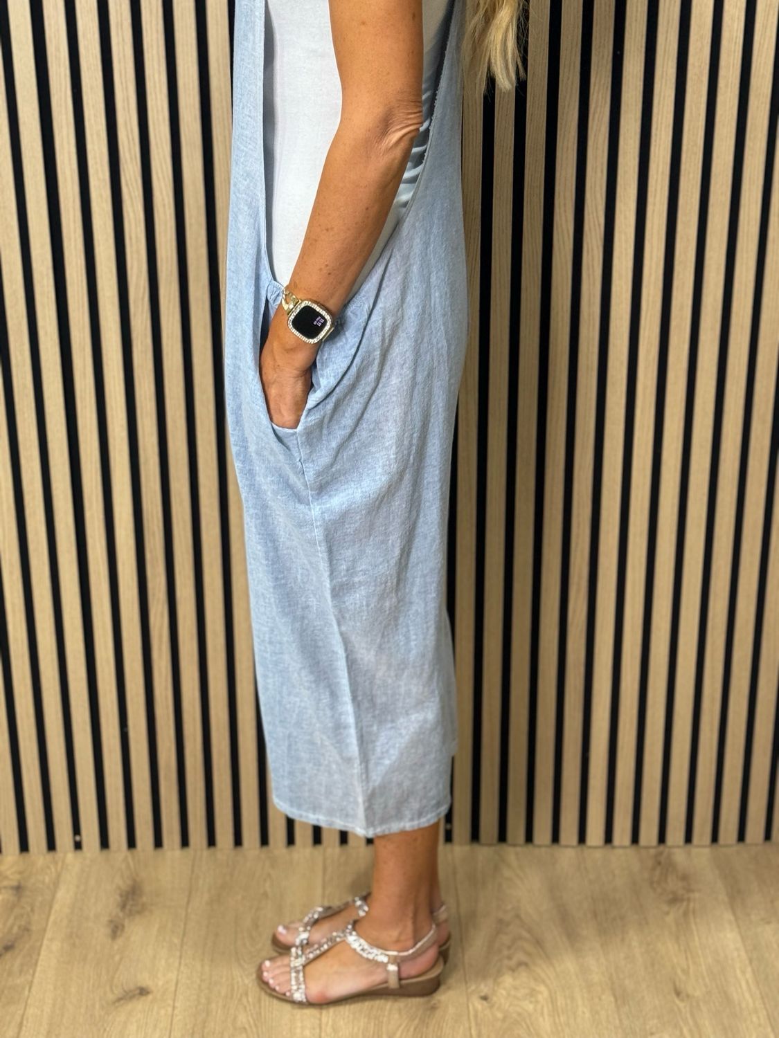 Relaxed Linen Blend Dungarees - L Denim