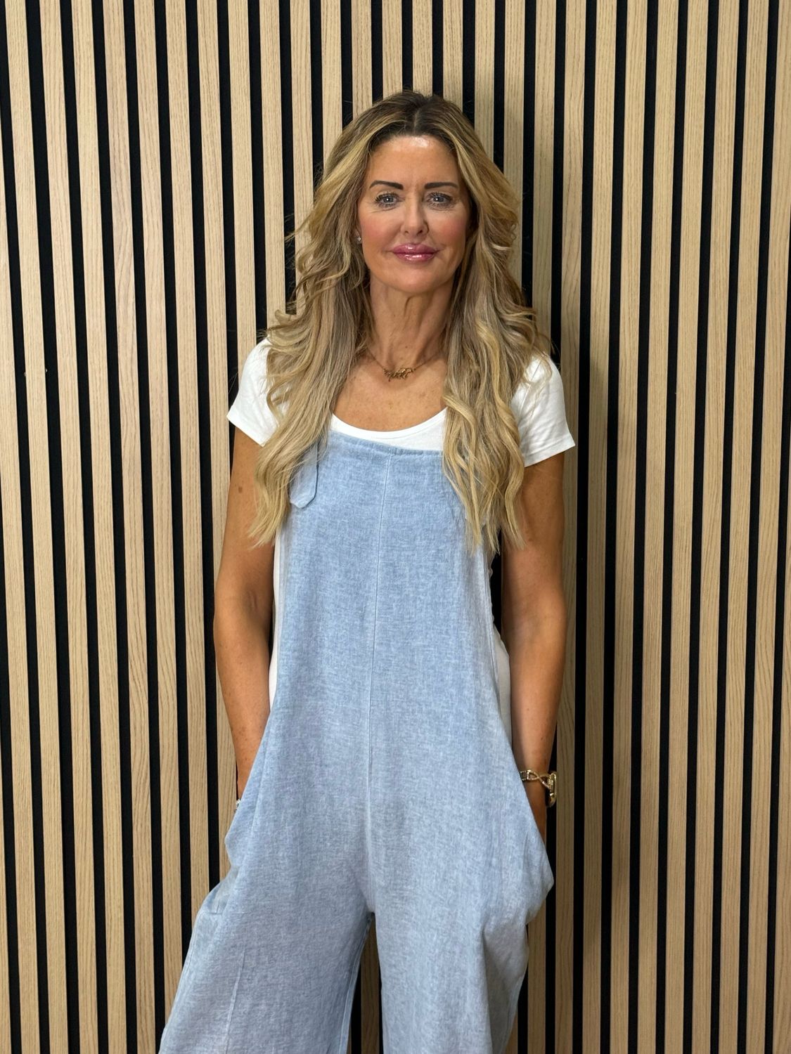 Relaxed Linen Blend Dungarees - L Denim