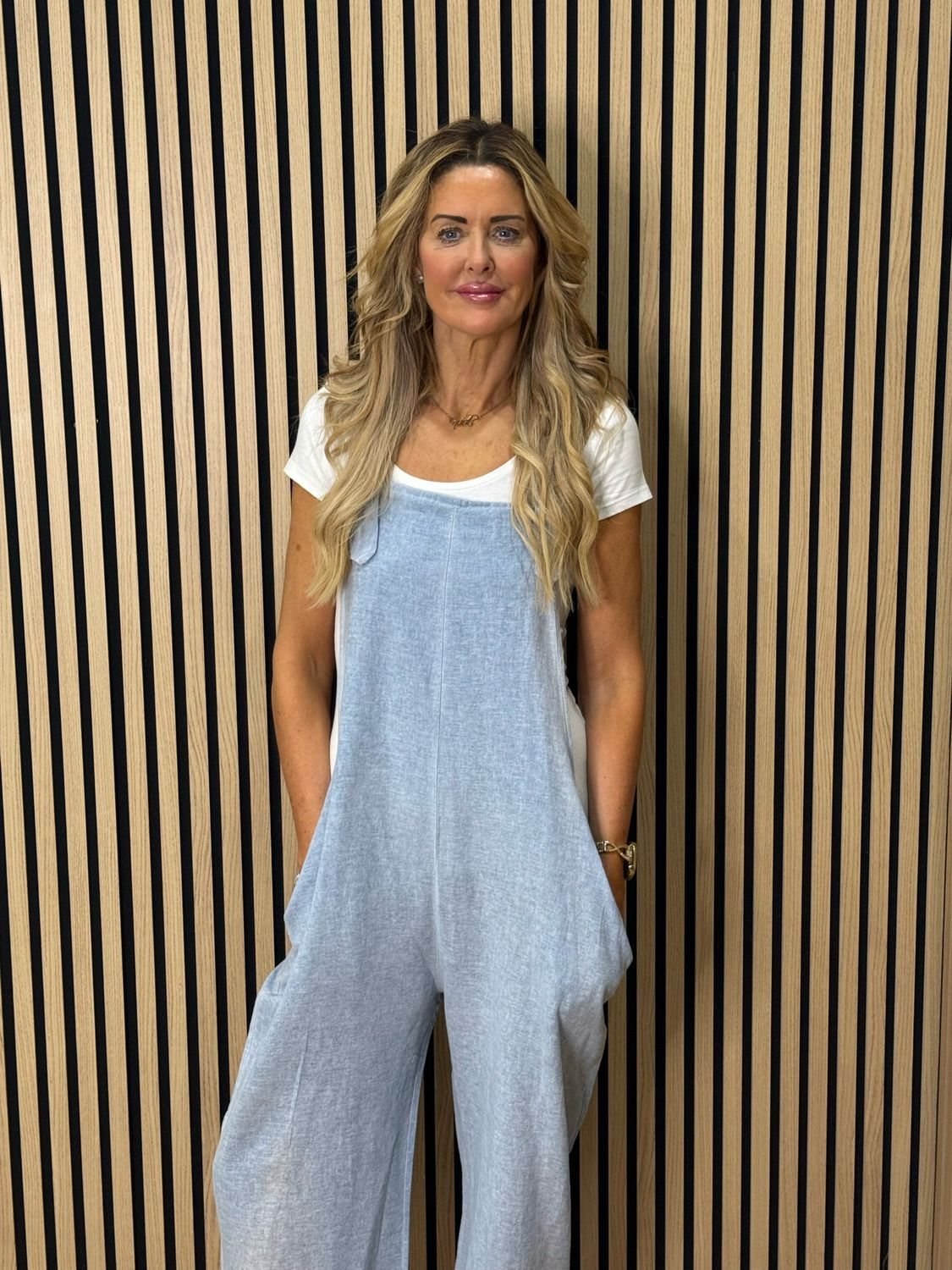 Relaxed Linen Blend Dungarees - L Denim