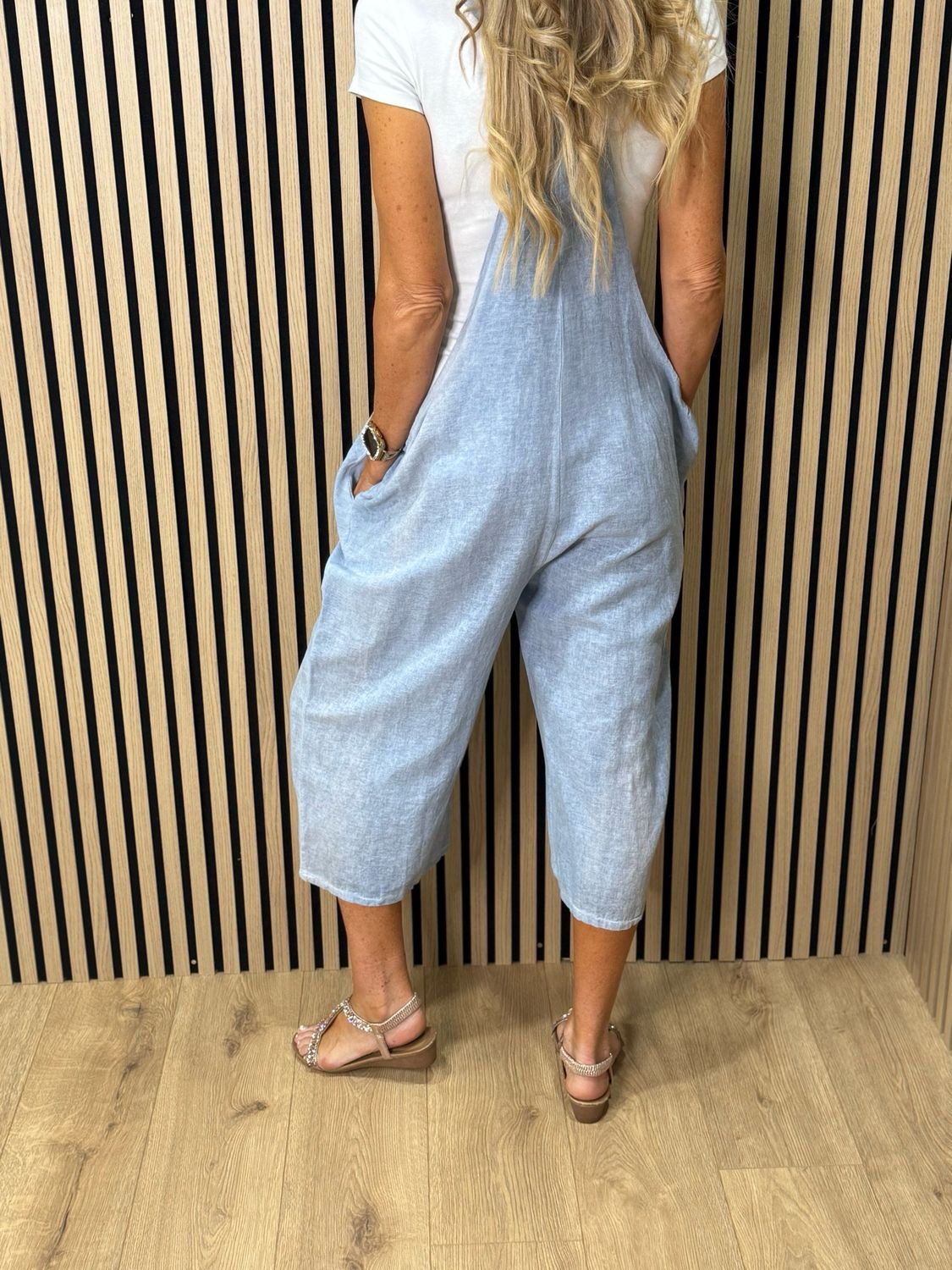 Relaxed Linen Blend Dungarees - L Denim