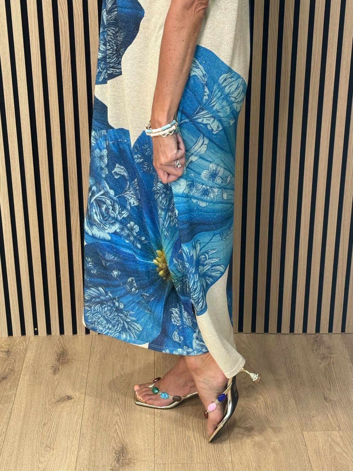 Floral Shimmer Midi Dress - Cream/Blue