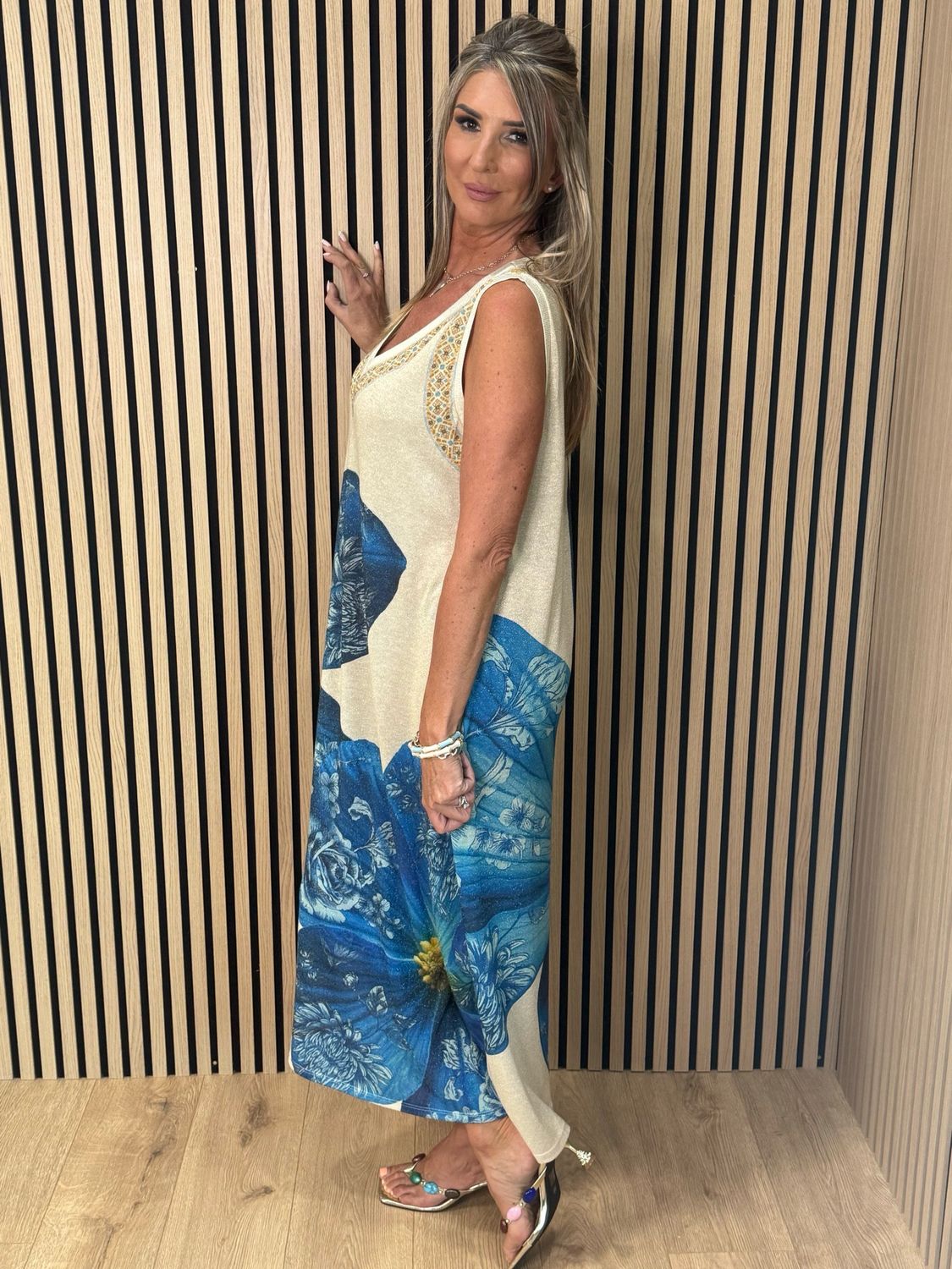 Floral Shimmer Midi Dress - Cream/Blue