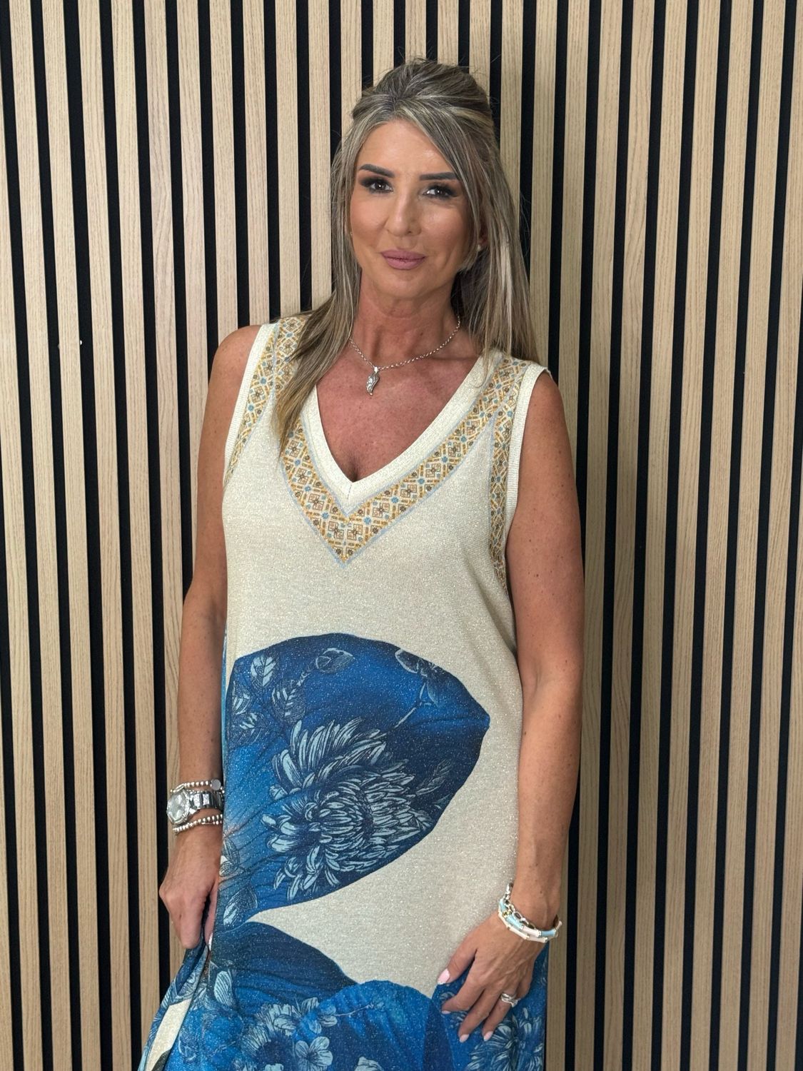Floral Shimmer Midi Dress - Cream/Blue