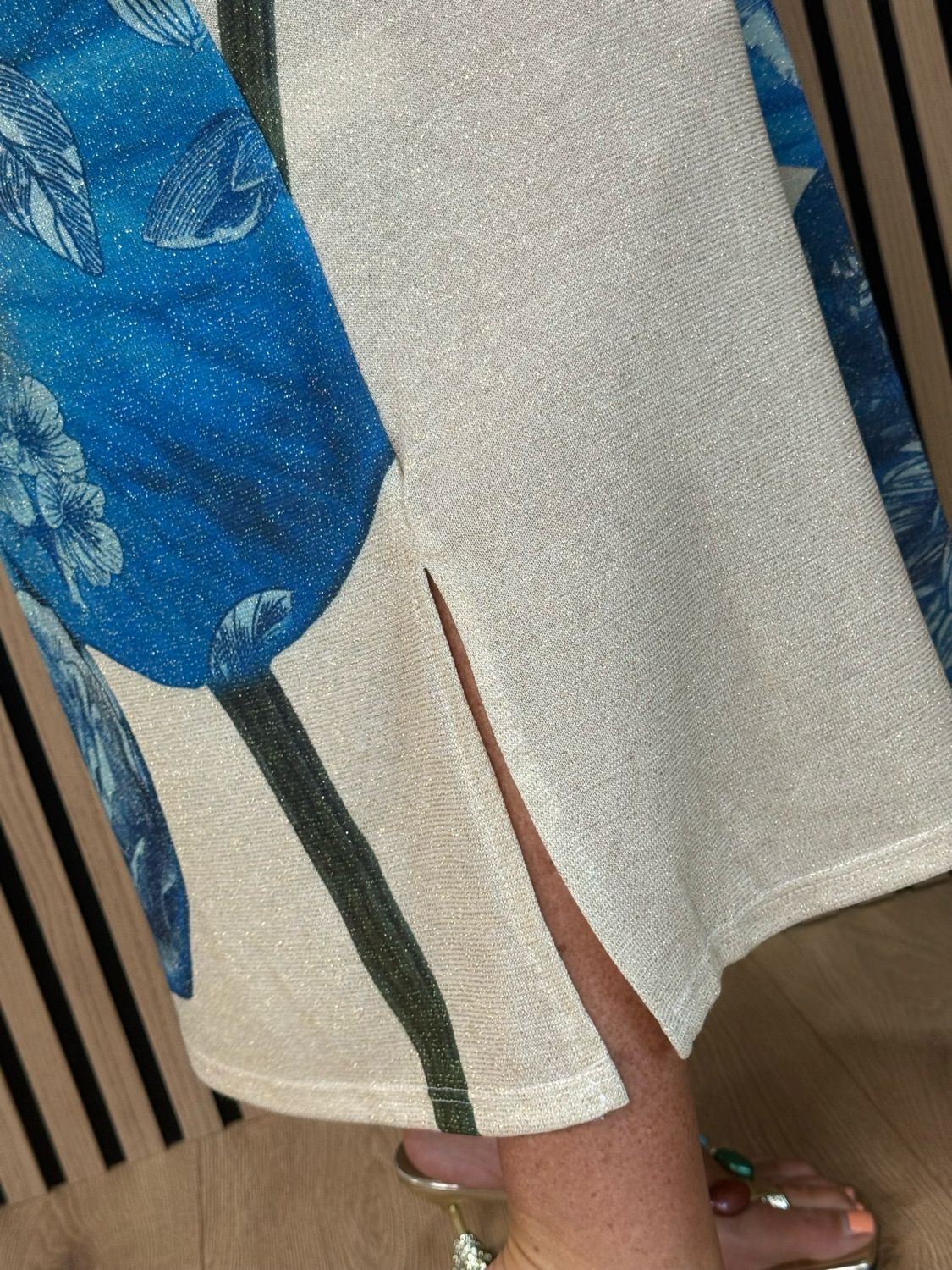 Floral Shimmer Midi Dress - Cream/Blue