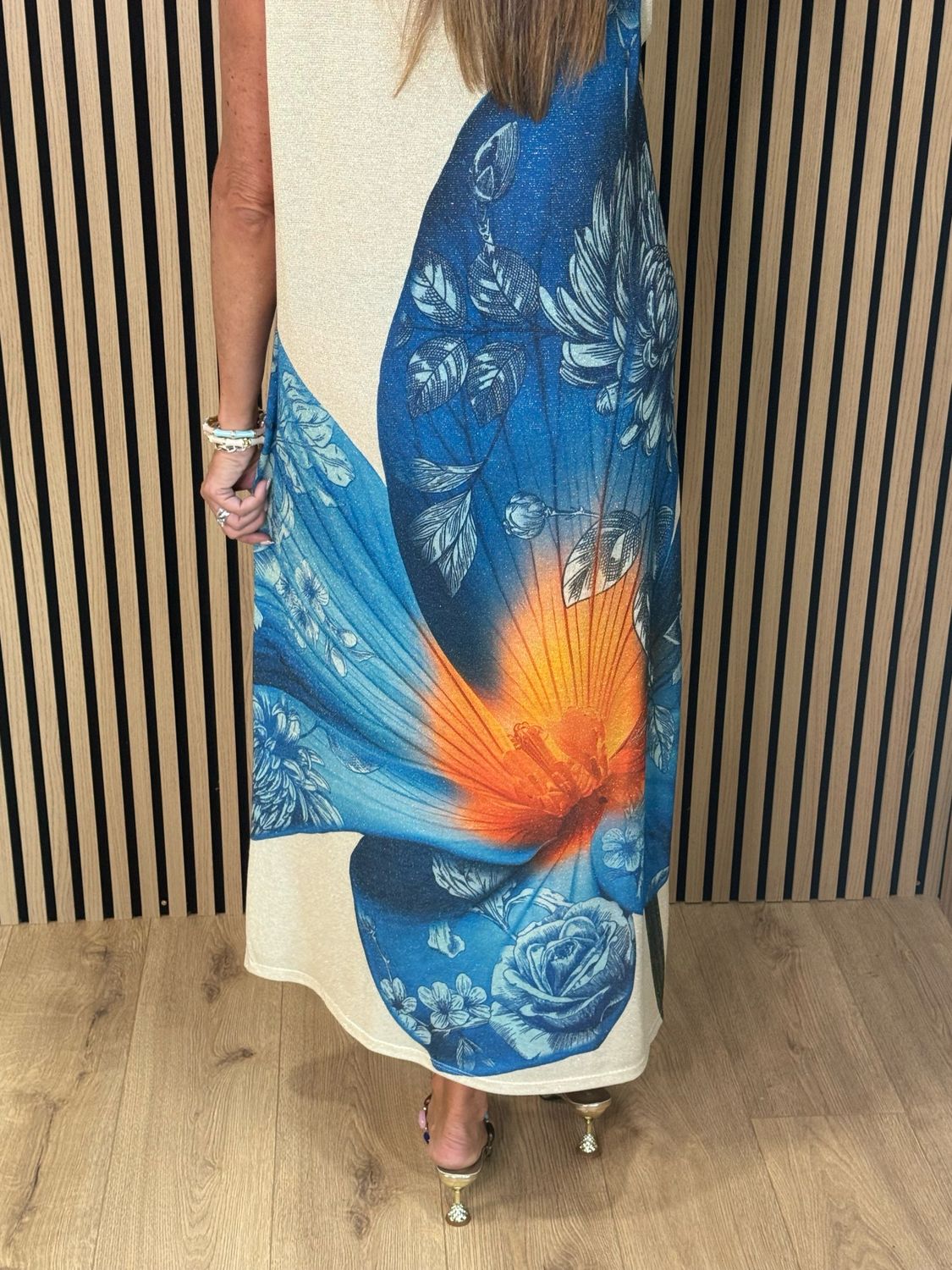 Floral Shimmer Midi Dress - Cream/Blue
