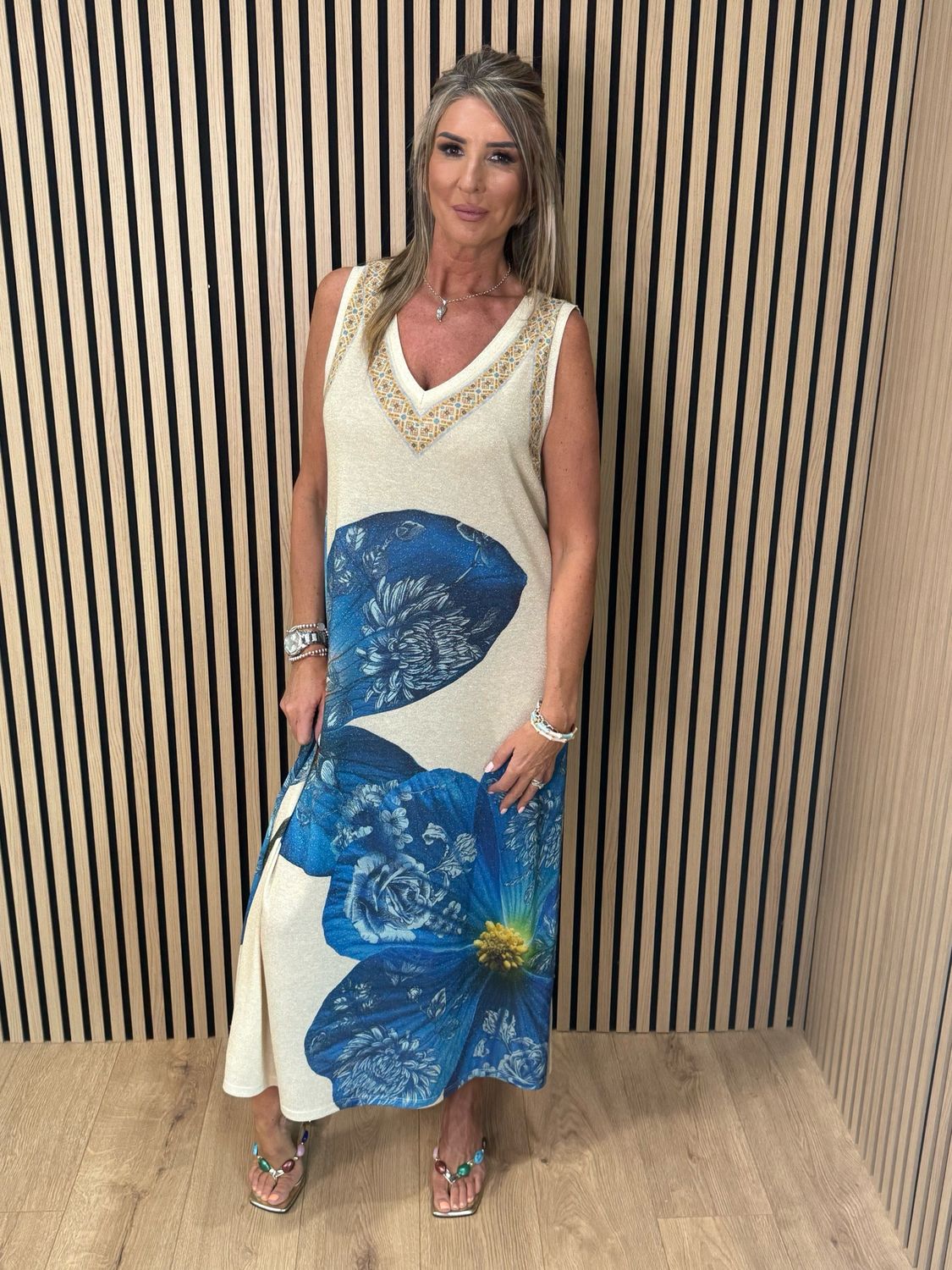 Floral Shimmer Midi Dress - Cream/Blue