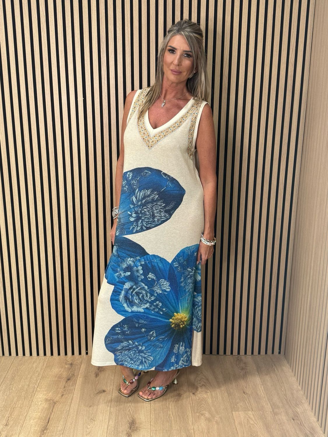 Floral Shimmer Midi Dress - Cream/Blue