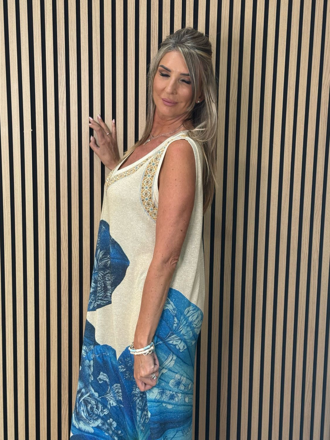 Floral Shimmer Midi Dress - Cream/Blue