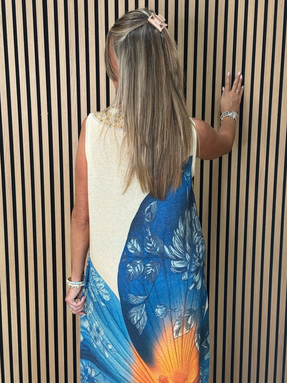 Floral Shimmer Midi Dress - Cream/Blue