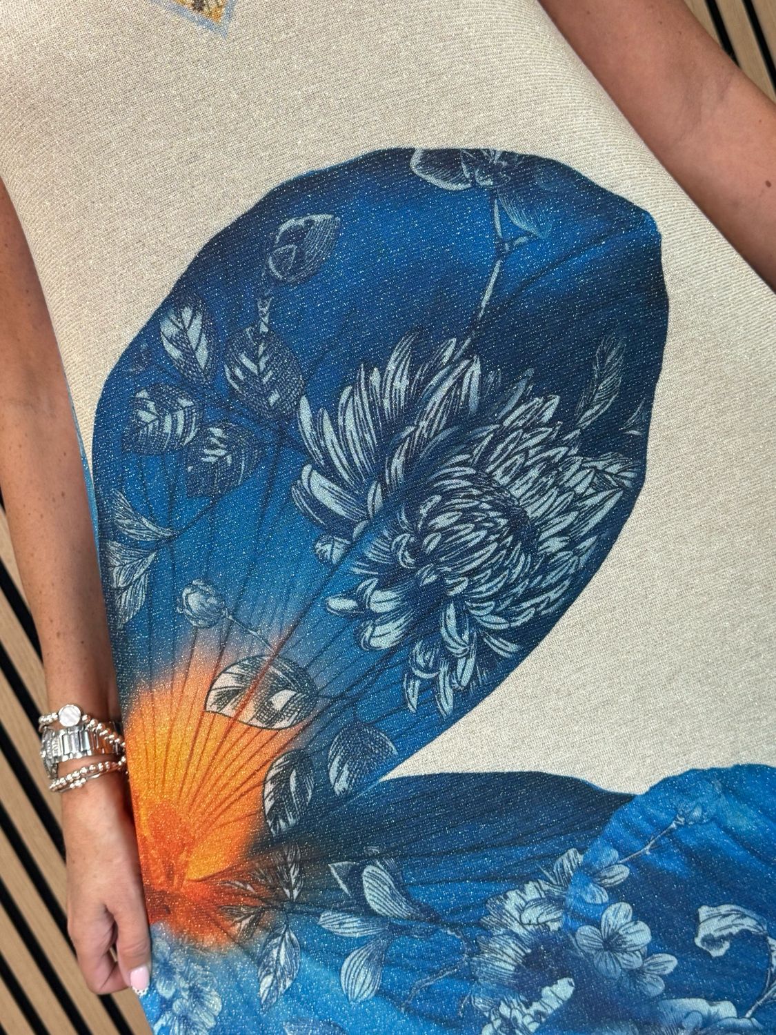 Floral Shimmer Midi Dress - Cream/Blue