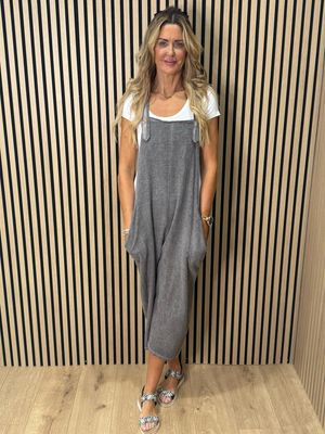 Relaxed Linen Blend Dungarees - Slate