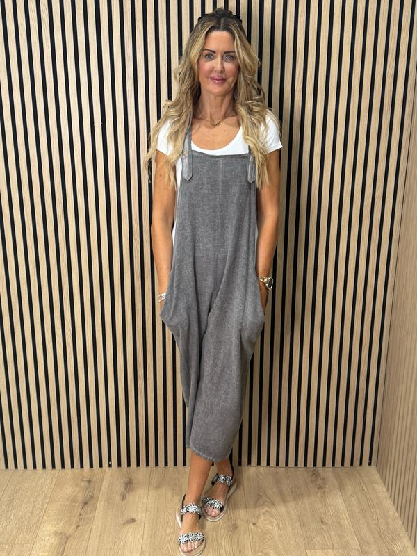 Relaxed Linen Blend Dungarees - Slate