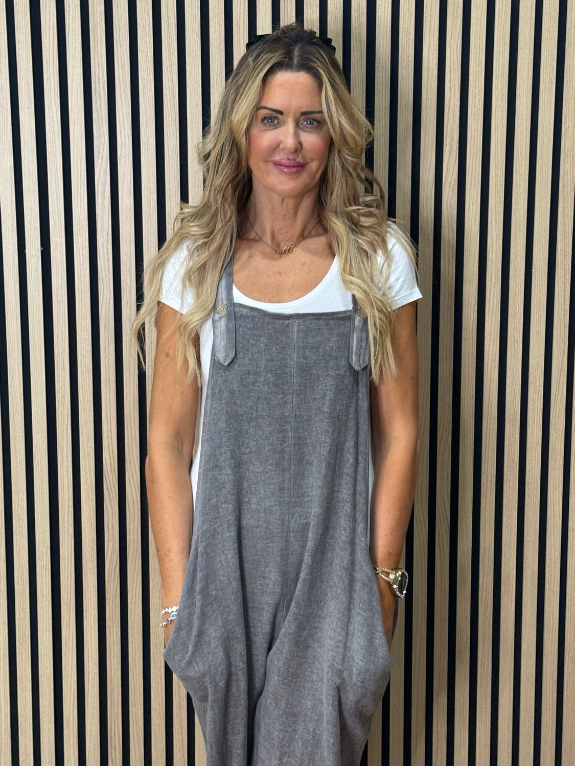 Relaxed Linen Blend Dungarees - Slate