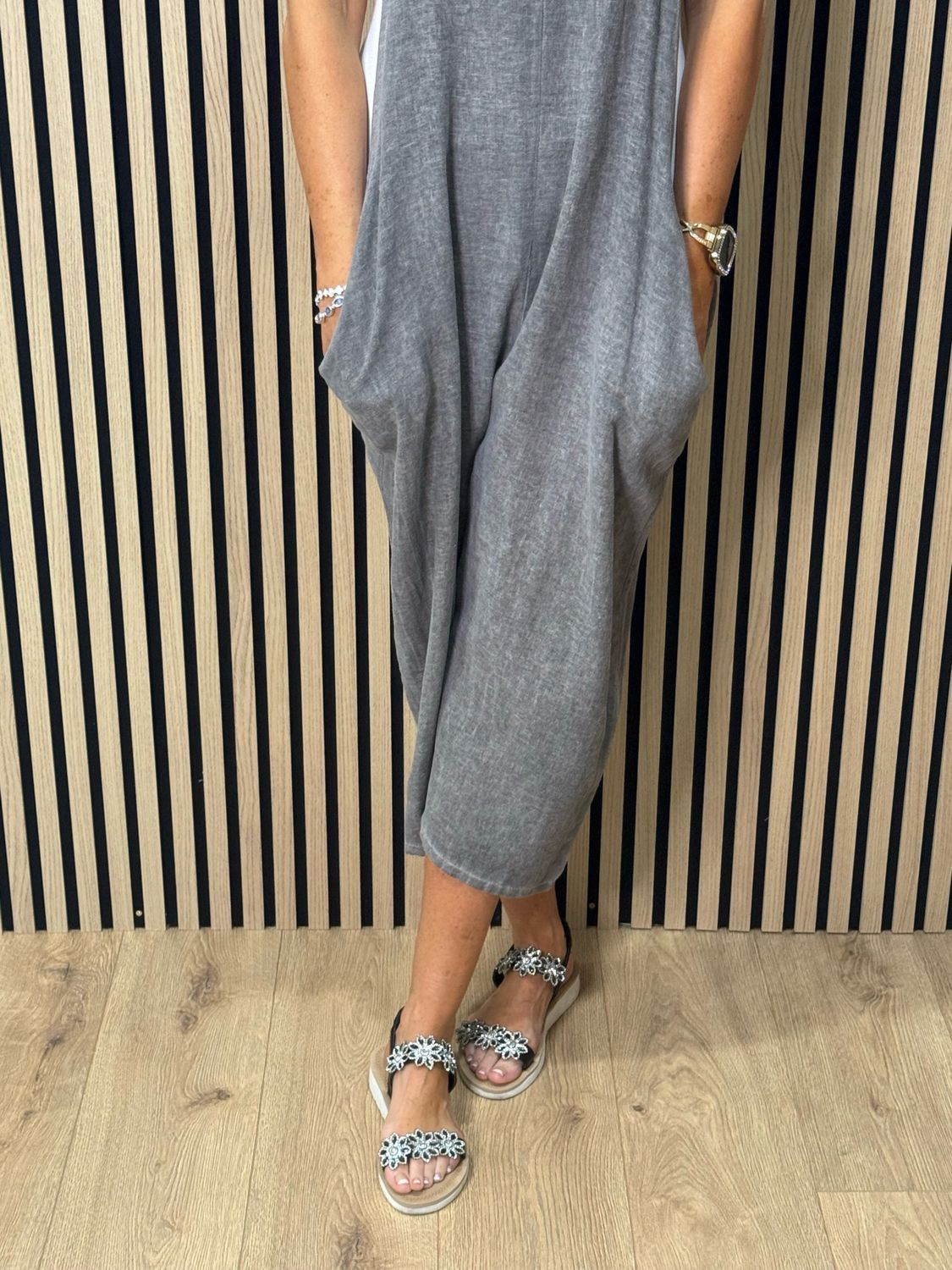 Relaxed Linen Blend Dungarees - Slate