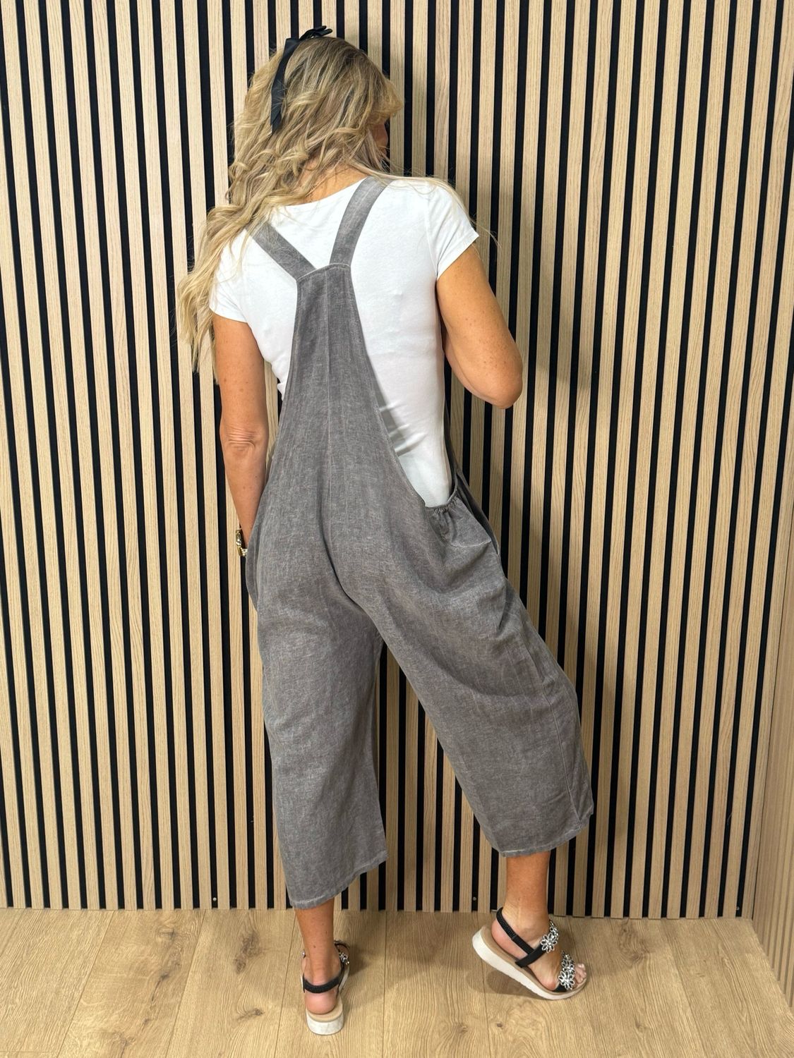 Relaxed Linen Blend Dungarees - Slate