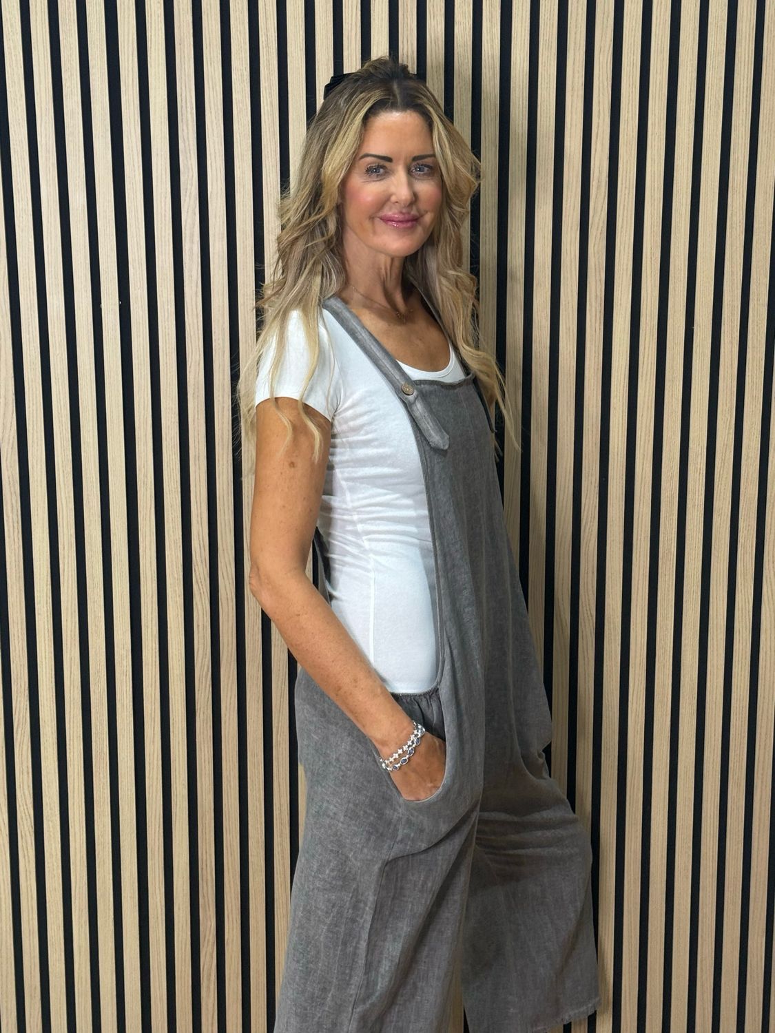 Relaxed Linen Blend Dungarees - Slate