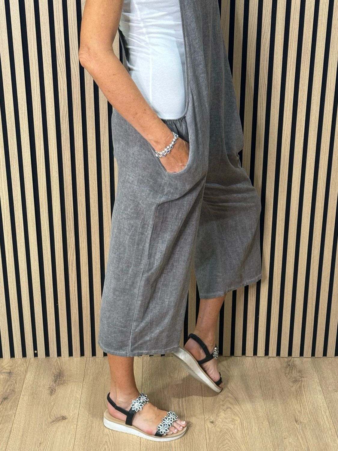 Relaxed Linen Blend Dungarees - Slate