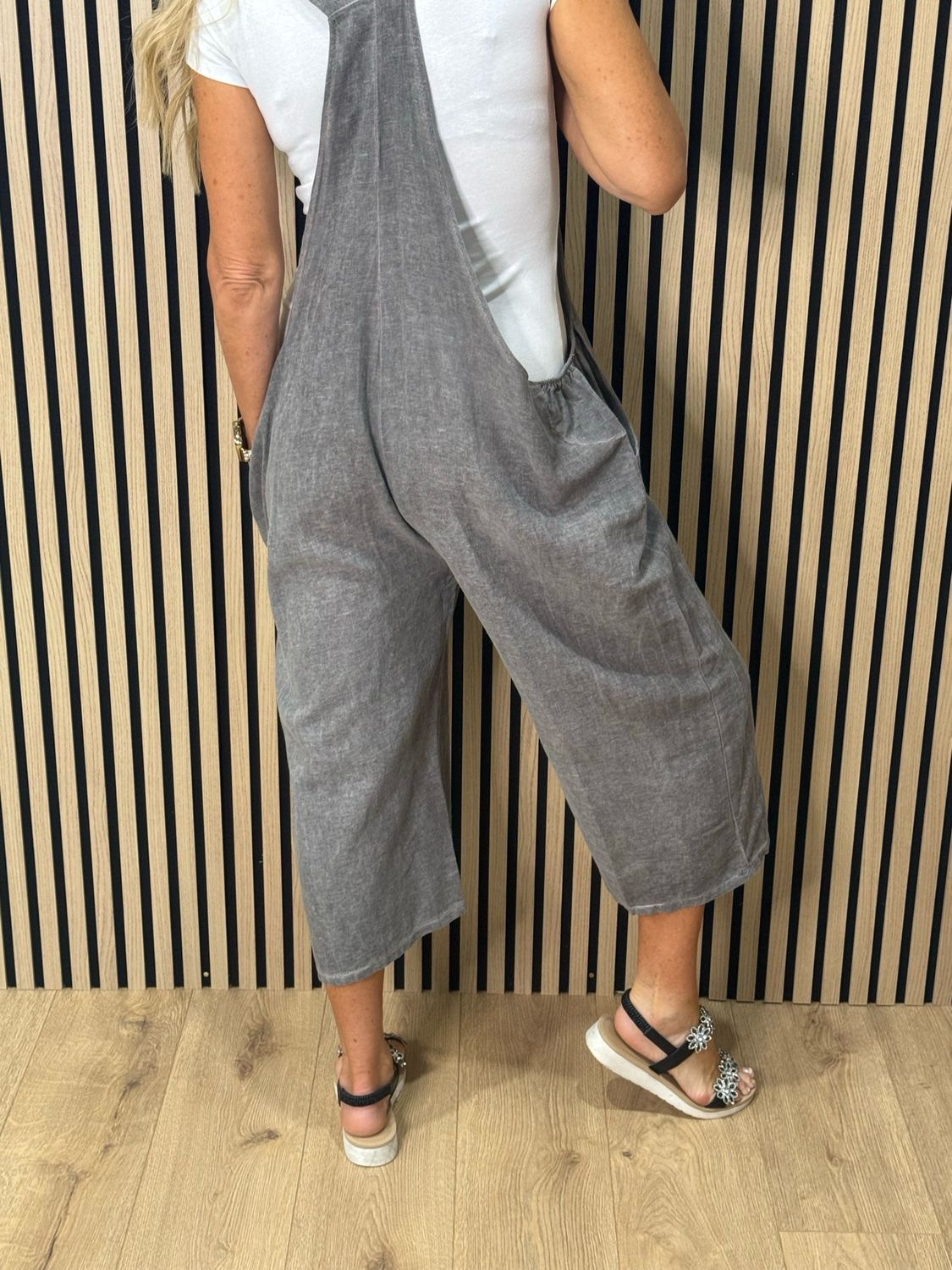 Relaxed Linen Blend Dungarees - Slate
