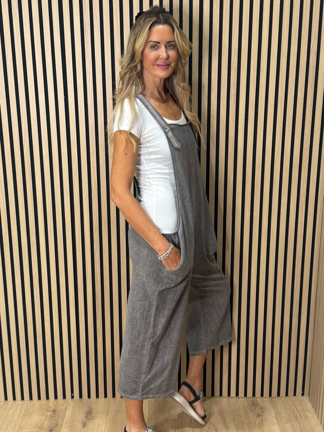 Relaxed Linen Blend Dungarees - Slate