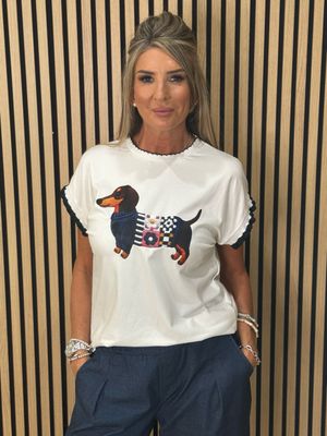 Sausage Dog Print T-Shirt - White/Navy