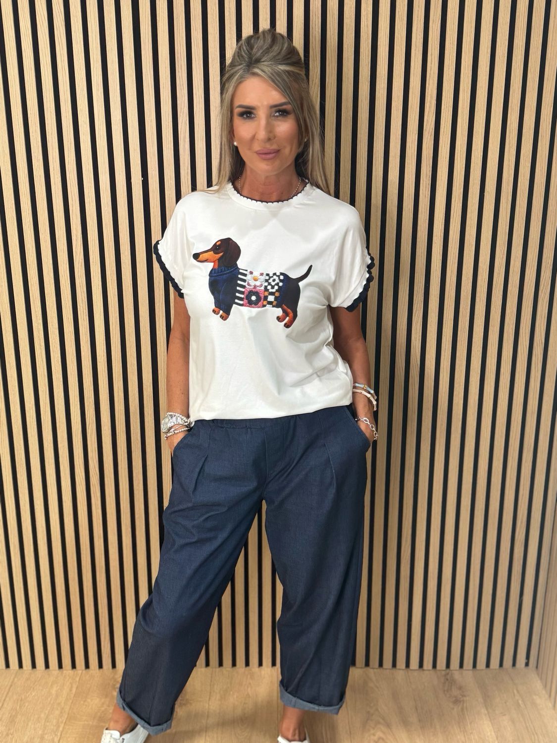 Sausage Dog Print T-Shirt - White/Navy