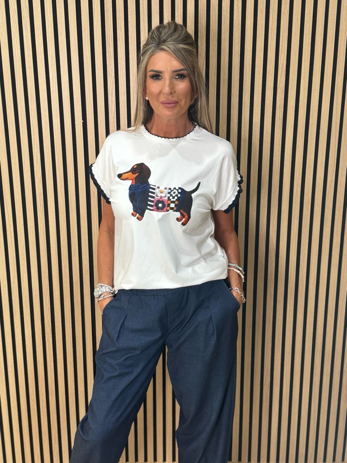 Sausage Dog Print T-Shirt - White/Navy