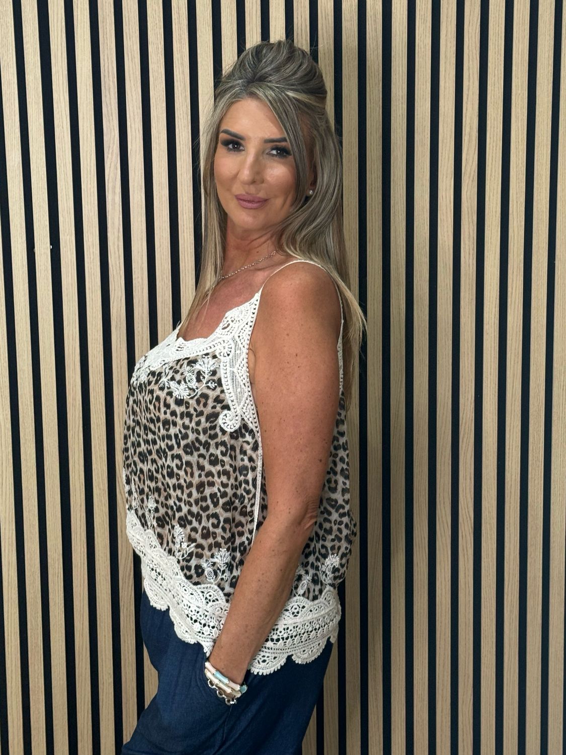 Leopard Print Lace Trim Cami Top - Cream/Leopard