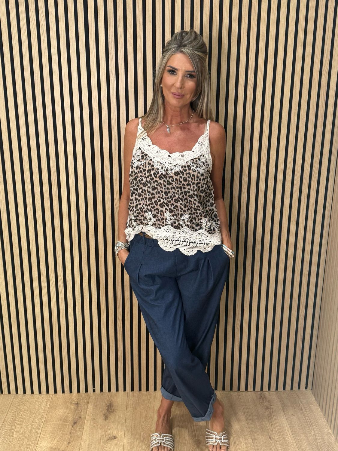 Leopard Print Lace Trim Cami Top - Cream/Leopard