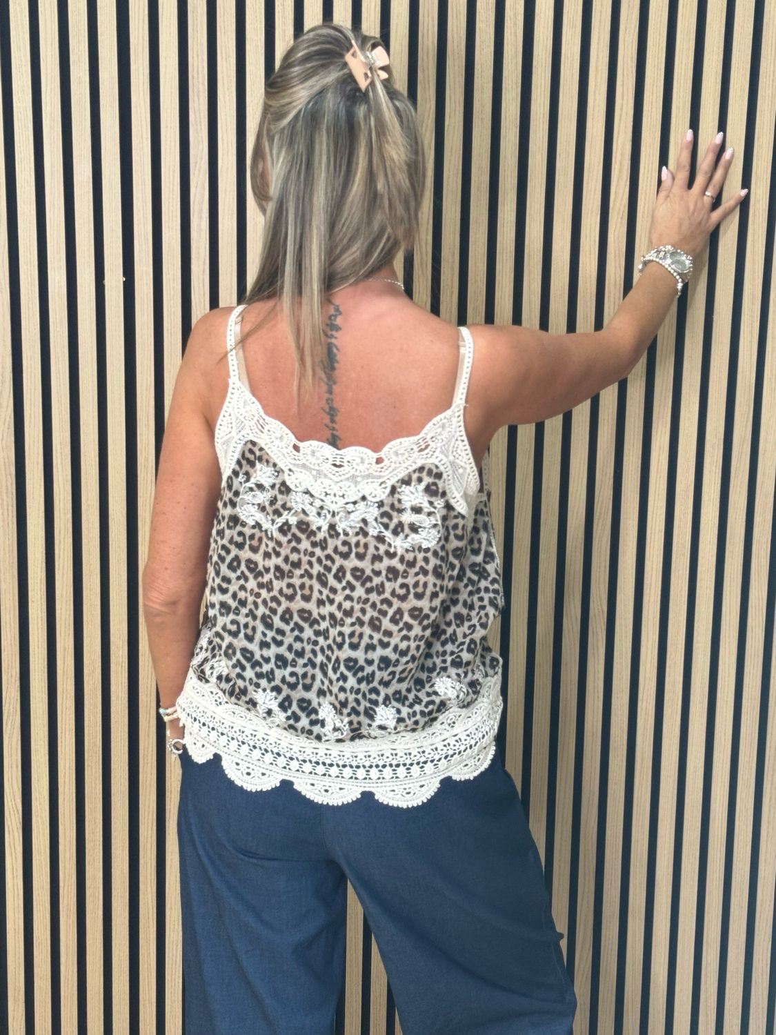 Leopard Print Lace Trim Cami Top - Cream/Leopard