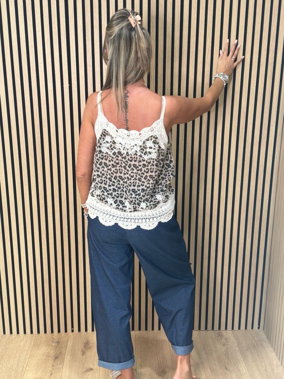 Leopard Print Lace Trim Cami Top - Cream/Leopard