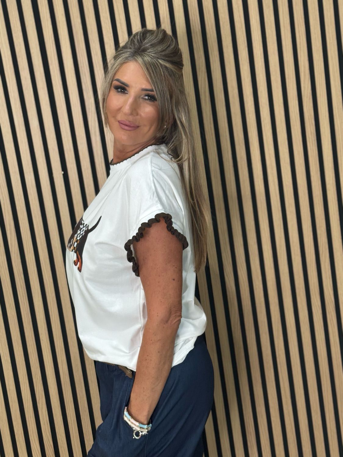 Sausage Dog Print T-Shirt - White/Brown