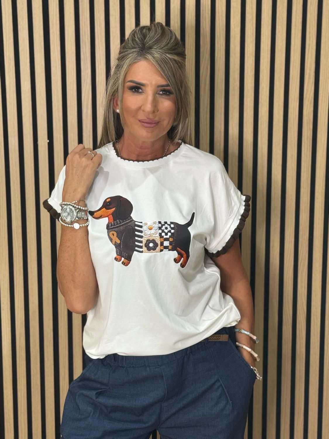 Sausage Dog Print T-Shirt - White/Brown