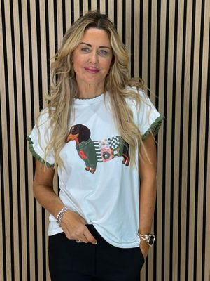 Sausage Dog Print T-Shirt - White/Khaki
